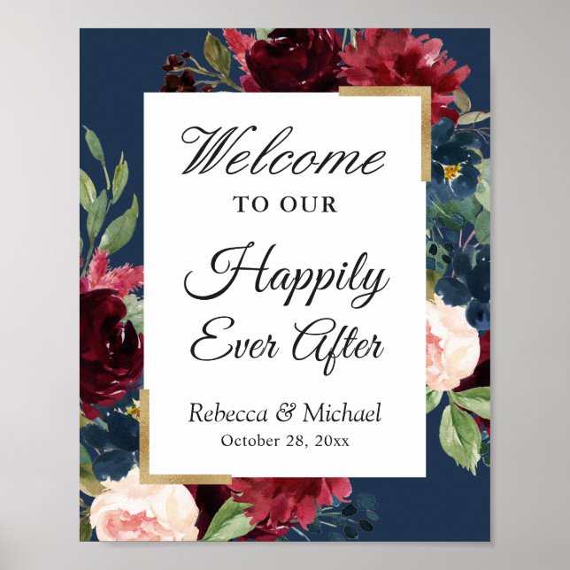 Wedding Happily Ever After Burgundy Blue Floral Poster (Front)
