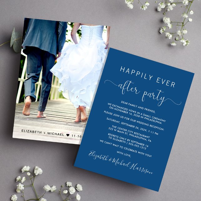 Wedding Happily Ever After Photo Reception Blue Invitation (Creator Uploaded)