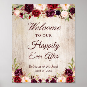 Wedding Happily Ever After Rustic Burgundy Floral Poster