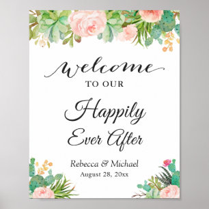 Wedding Happily Ever After Succulent Cactus Floral Poster