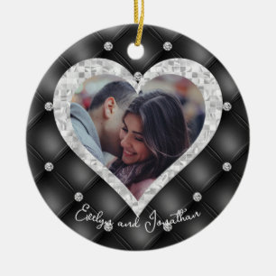 Wedding Heart Custom Photo Black & Silver Diamonds Ceramic Ornament
