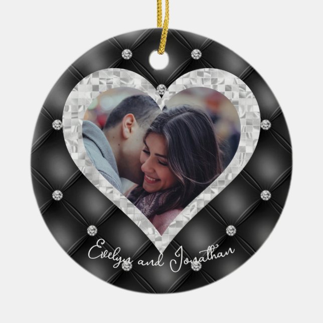 Wedding Heart Custom Photo Black & Silver Diamonds Ceramic Ornament (Front)