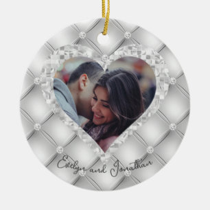 Wedding Heart Custom Photo White & Silver Diamonds Ceramic Ornament