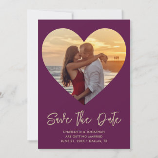 Wedding Heart Cutout Plum & Gold Photo Save The Date
