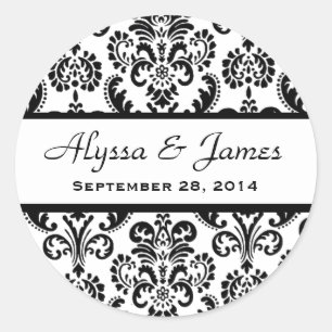Wedding Heart Damask Black and White A02 Classic Round Sticker