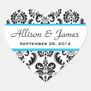 Wedding Heart Damask Black and White Blue A05 Sticker