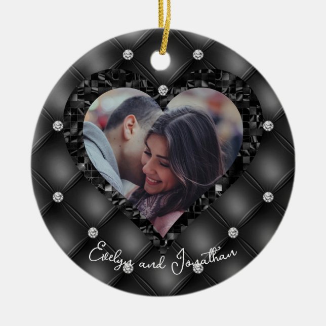 Wedding Heart Frame Custom Photo Black Diamonds Ceramic Ornament (Front)