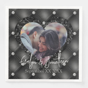 Wedding Heart Frame Custom Photo Black Diamonds Napkin