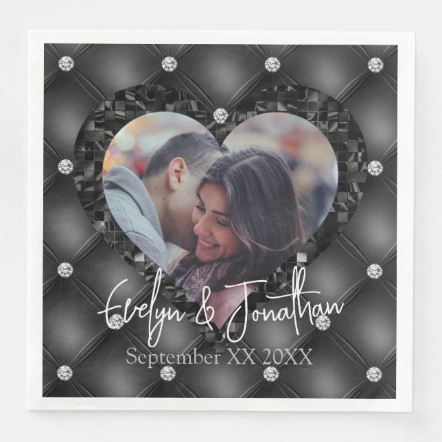 Wedding Heart Frame Custom Photo Black Diamonds Napkin (Front)