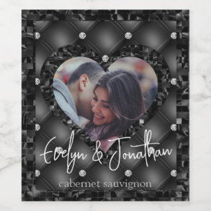 Wedding Heart Frame Custom Photo Black Diamonds Wine Label
