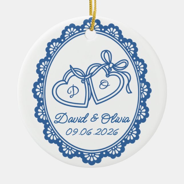 Wedding Heart Initials Names & Date Ceramic Ornament (Front)