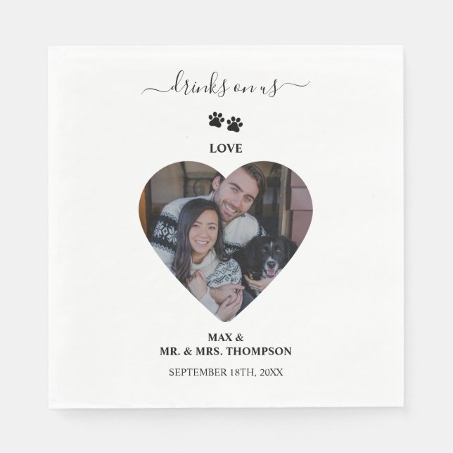 Wedding Heart Photo Couple Pet Dog Drinks on Us Napkin (Front)