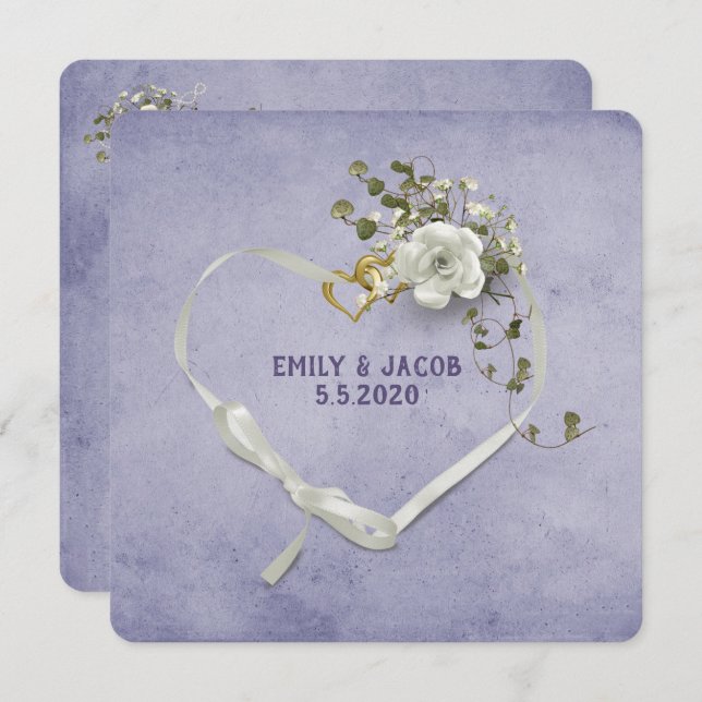 Wedding heart ribbon and rings with rose bouquet invitation (Front/Back)
