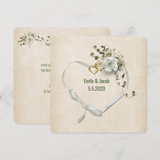 Wedding heart ribbon and rings with rose bouquet invitation (Front/Back)