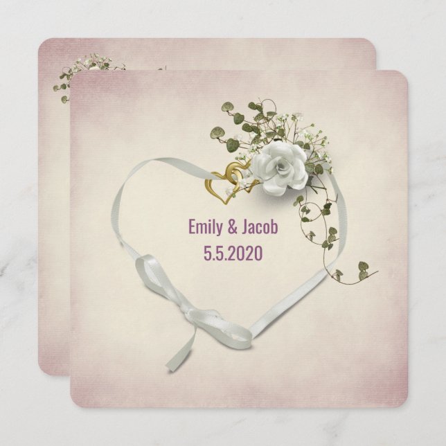 Wedding heart ribbon and rings with rose bouquet invitation (Front/Back)