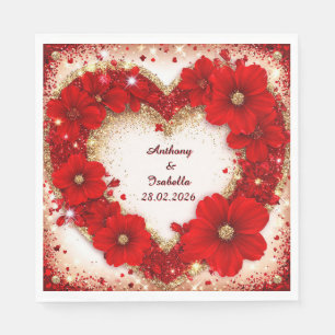 Wedding Heart-Shaped Red Floral Frame with Glitter Napkin