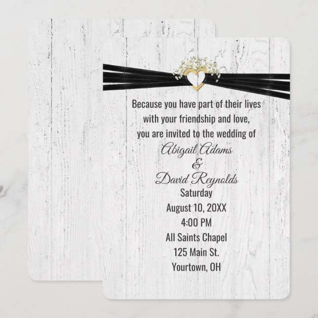 Wedding Heart with Black Ribbon On Wood  Invitation (Front/Back)