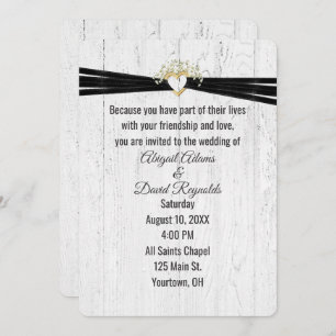 Wedding Heart with Black Ribbon On Wood Invitation