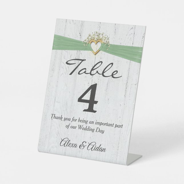Wedding Heart With Sage Green Ribbon On Wood Pedestal Sign (Front)