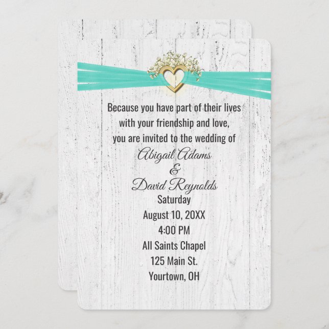 Wedding Heart with Turquoise Ribbon On Wood  Invitation (Front/Back)