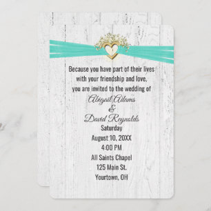 Wedding Heart with Turquoise Ribbon On Wood Invitation