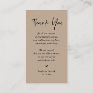 Wedding heartfelt Thank you, Light Brown Kraft Enclosure Card