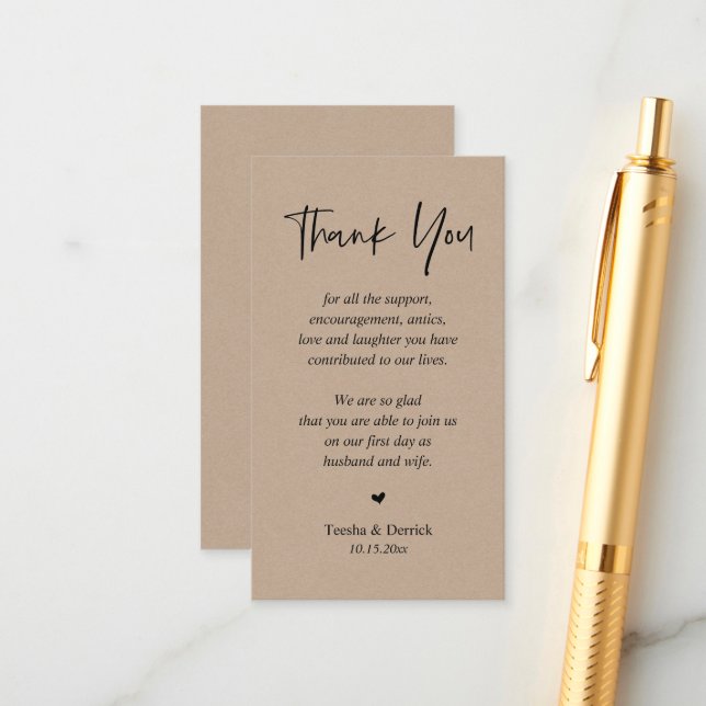 Wedding heartfelt Thank you, Rustic Brown Kraft Enclosure Card (Front/Back In Situ)