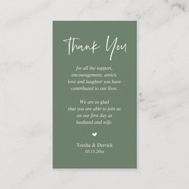 Wedding heartfelt Thank you, Rustic Sage Green Enclosure Card (Front)