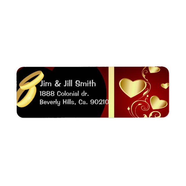 Wedding Hearts Golden Rings Set Return Address Label (Front)