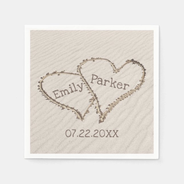 Wedding Hearts in Beach Sand  Napkin (Front)