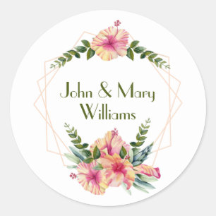 Wedding Hibiscus Frame On White Classic Round Sticker