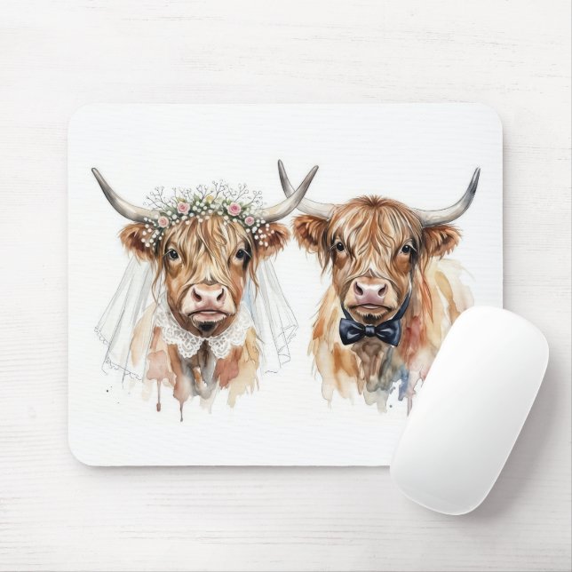 Wedding Highland Cows in Watercolor Mouse Pad (With Mouse)