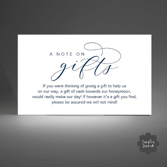 Wedding Honeymoon Fund, A Note on Gifts Enclosure Card (Wedding Honeymoon Fund, A Note on Gifts, Wish, Cash, Modern Minimal Enclosure Card in Navy Blue)