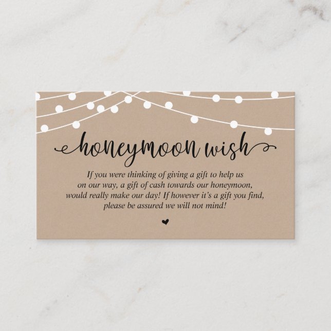 Wedding Honeymoon Fund Wish, Rustic String Lights Enclosure Card (Front)