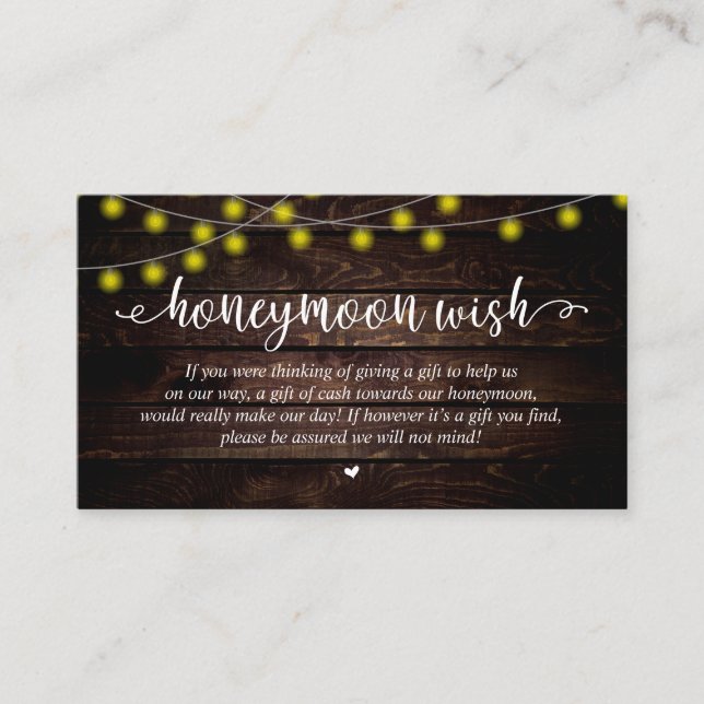 Wedding Honeymoon Fund Wish, Rustic String Lights Enclosure Card (Front)