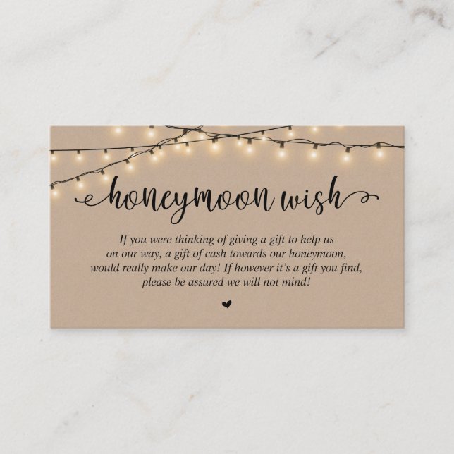 Wedding Honeymoon Fund Wish, Rustic String Lights Enclosure Card (Front)