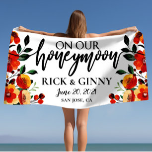 Wedding Honeymoon Watercolor Flowers Personalised Beach Towel