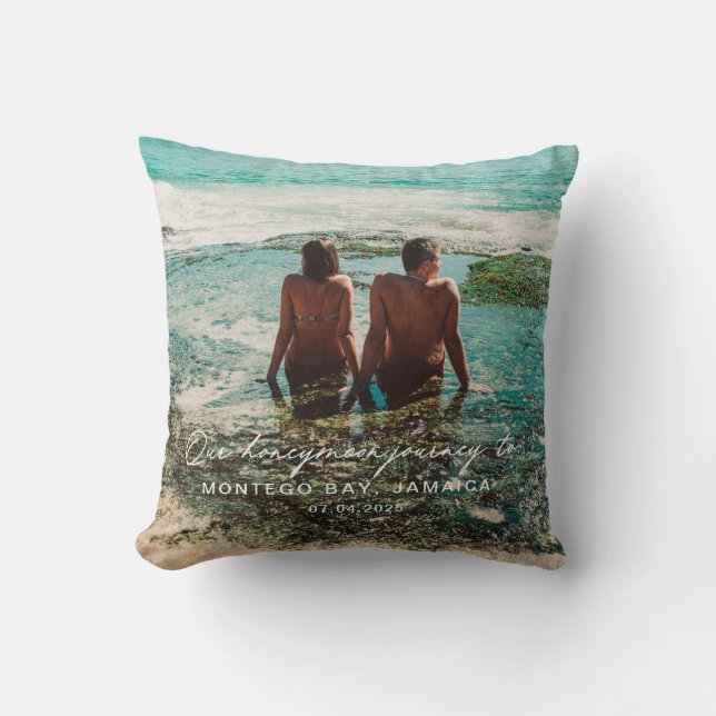 Wedding Honeymoon White Script Destination  Cushion (Front)
