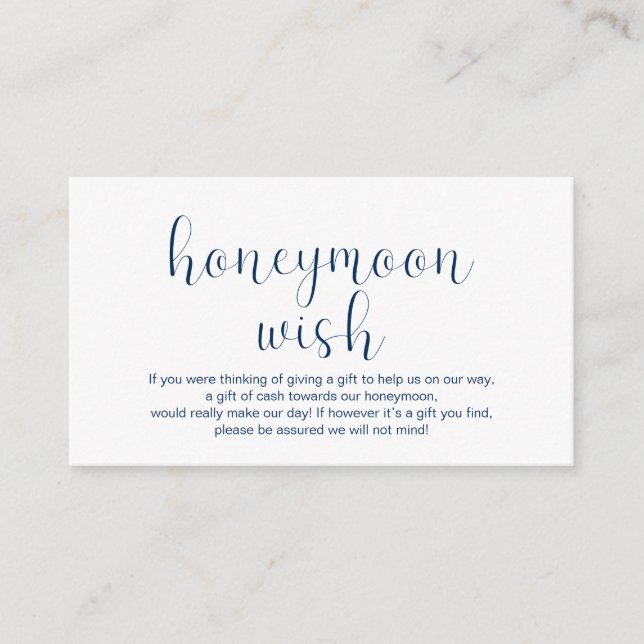 Wedding Honeymoon wish, Minimal, Navy blue font, Enclosure Card (Front)