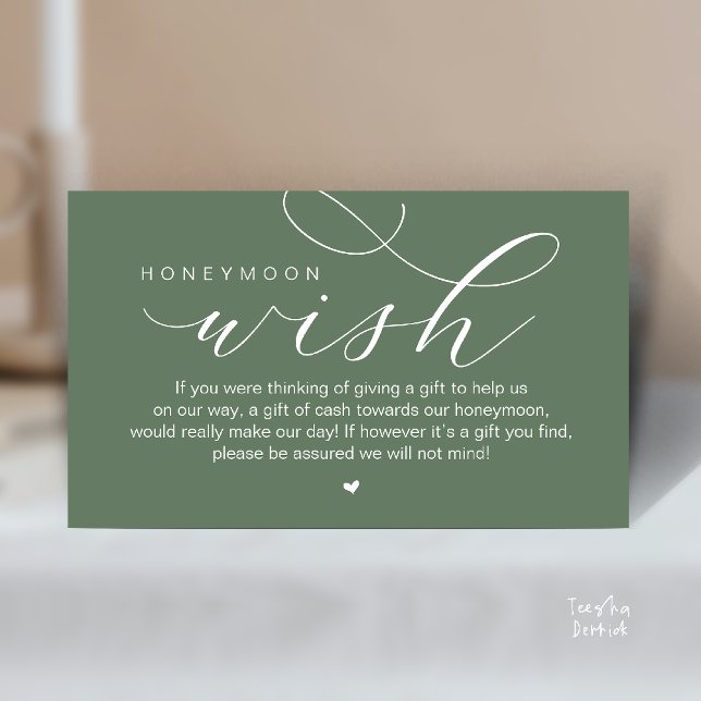 Wedding Honeymoon Wish, Modern elegance minimal Enclosure Card (Wedding Honeymoon Wish, Cash, Modern elegance minimal Enclosure Card cute heart in Sage Green)