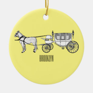 Wedding horse & carriage cartoon illustration ceramic ornament