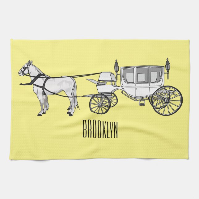 Wedding horse & carriage cartoon illustration tea towel (Horizontal)