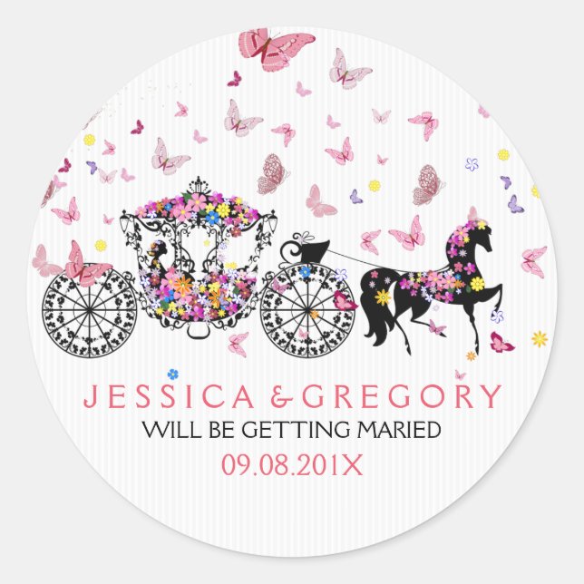 Wedding Horse & Carriage Flowers & Butterflies Classic Round Sticker (Front)