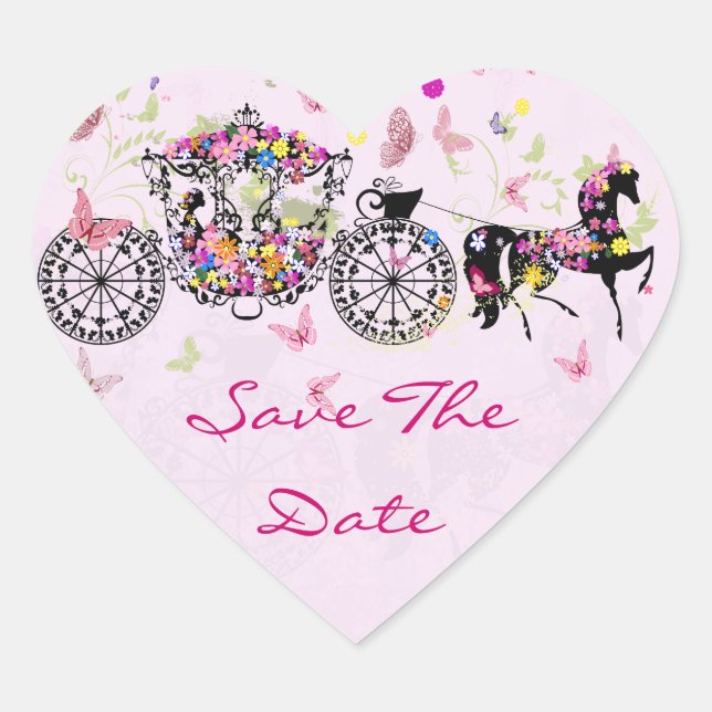 Wedding Horse & Carriage Flowers & Butterflies Heart Sticker (Front)