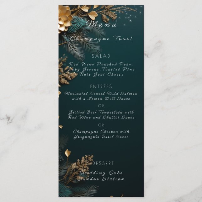 Wedding Hunter Green Pine Cones Pine Branches Gold Menu (Front)