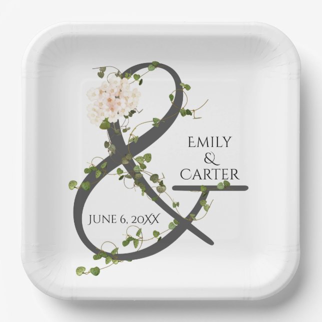 Wedding Hydrangea and Ivy Ampersand  Paper Plate (Front)