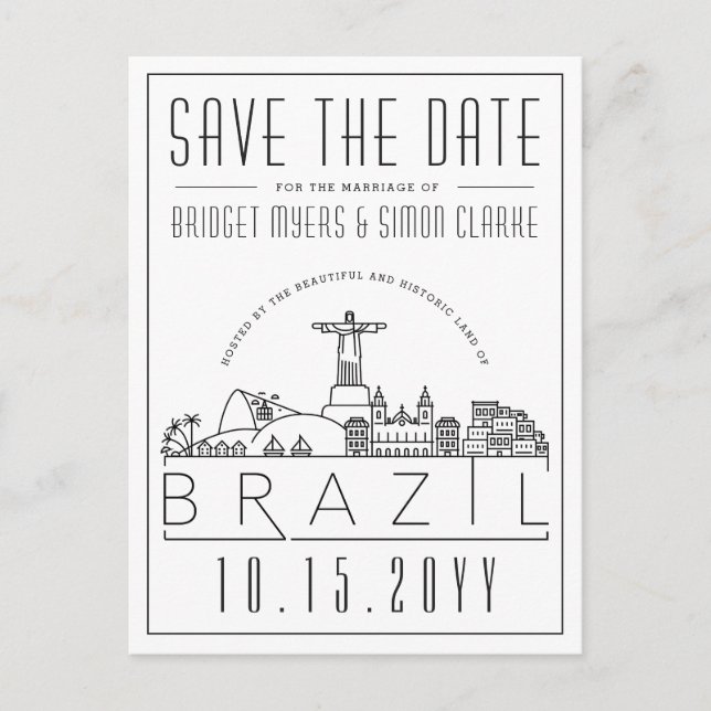 Wedding in Brazil | Stylised Skyline Save the Date Postcard (Front)