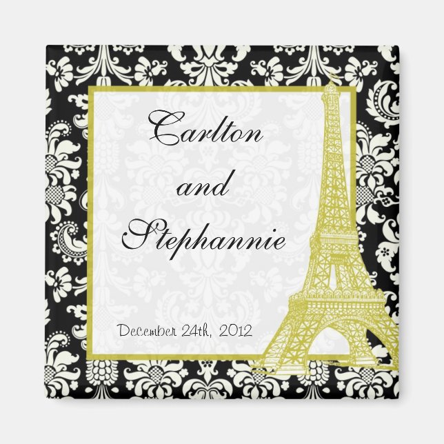 Wedding in Paris Black Damask Magnet Favour (Front)