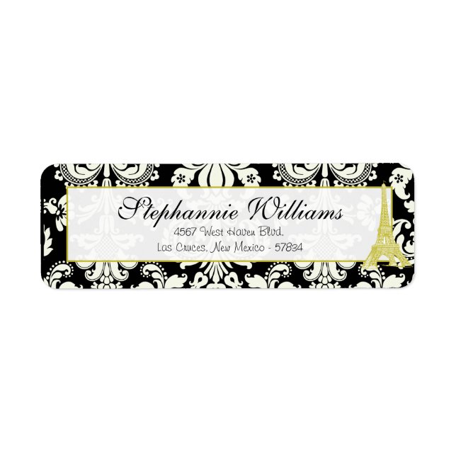 Wedding in Paris Black Damask Return Address Label (Front)