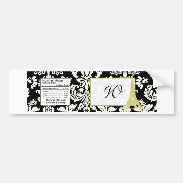 Wedding in Paris Black Damask Water Bottle Label (Front)
